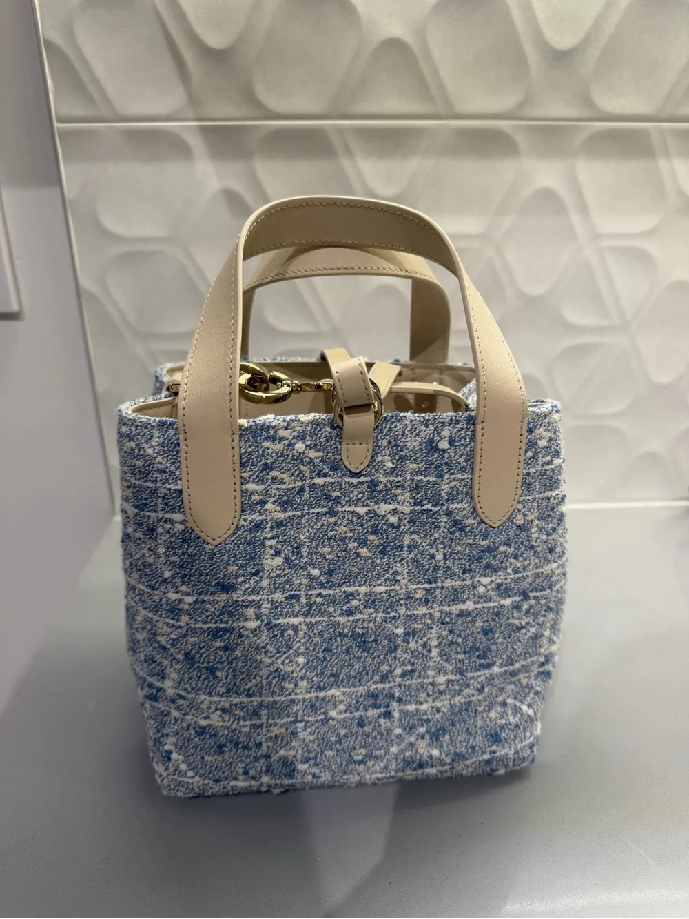 Dior Small Toujours Vertical Tote Bag Blue Tweed & Beige Leather NWT